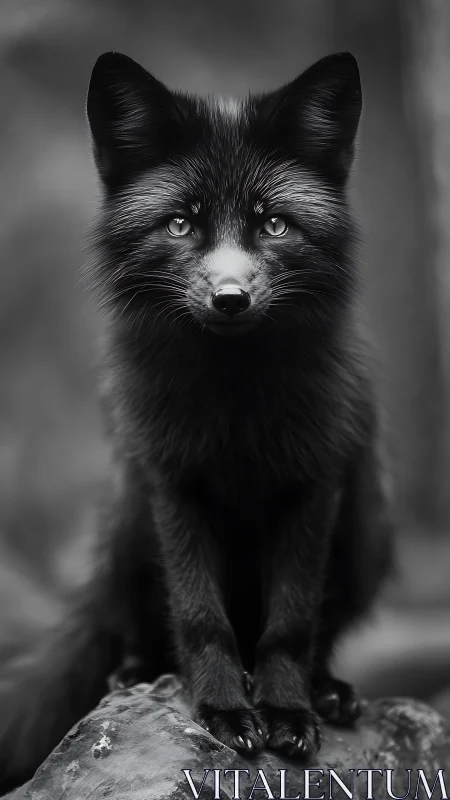 Monochrome portrait of black fox in shallow depth of field.