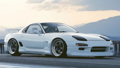 Sleek white sports coupe rests low against a calm mountain sky