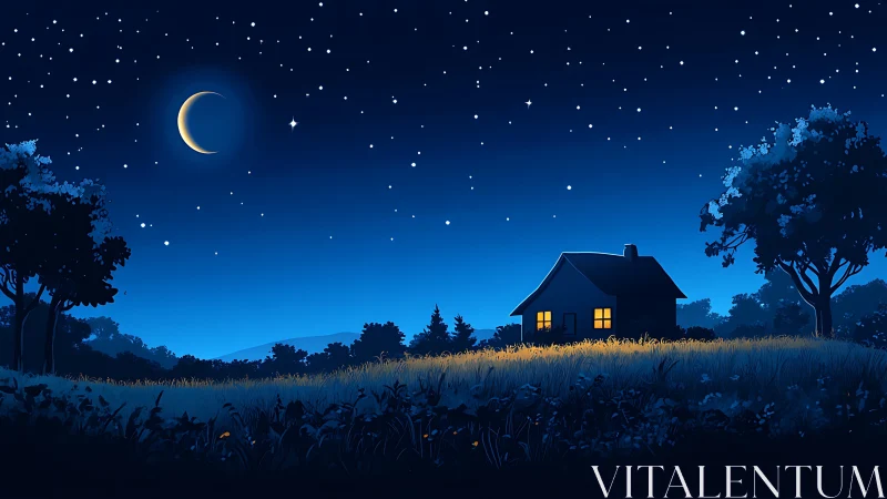 Crescent moon illuminates distant house and field at night