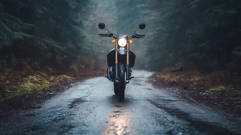 Solitary motorcycle on misty forest road in rainfall.