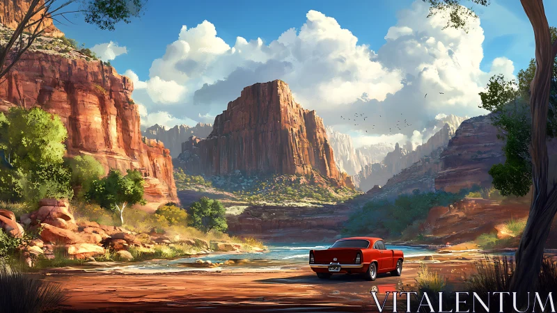 Sunlit canyon escape with a classic red riverside car.