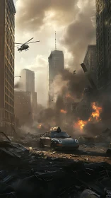 Photorealistic urban warzone with burning high-rise corridor.