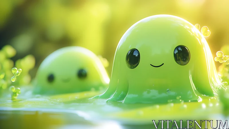 Sunlit jelly sprites gleam in a dreamy lime pondscape.