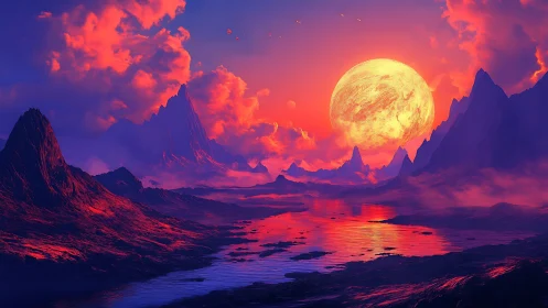 Molten sunset star over alien crimson river valley.