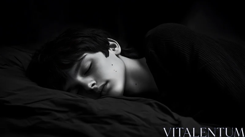 Monochrome side profile of sleeping person in low light.