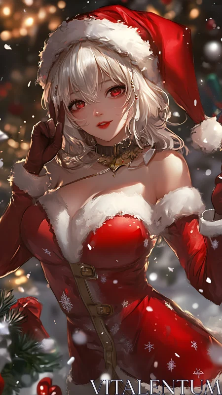 High-fidelity anime Santa girl in festive bokeh snowfall.