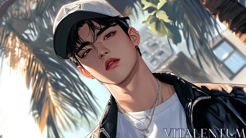 Stylized young man in cap stands outdoors under palm trees