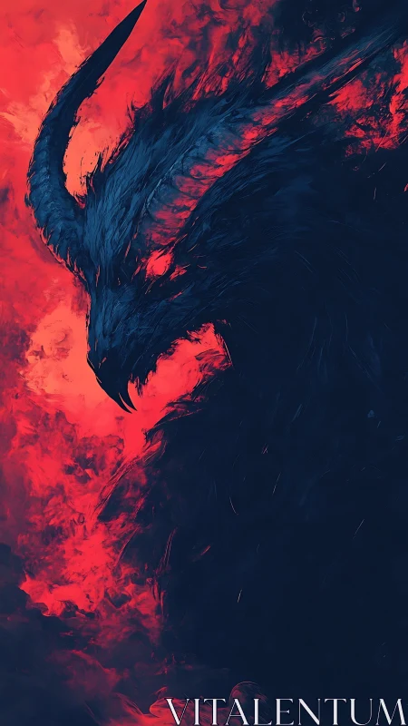 Horned shadow demon against vivid red inferno backdrop.