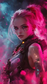 Neon-haired cyberpunk warrior stands in glowing color storm.