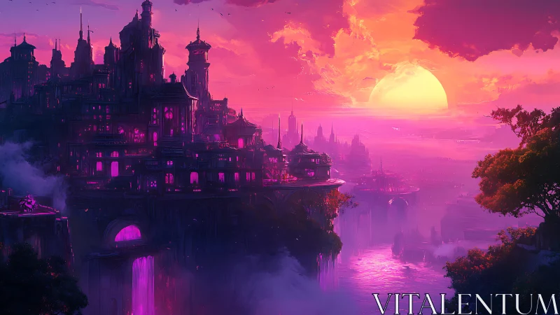 Neon cliffside city glows under vast magenta sunset sky