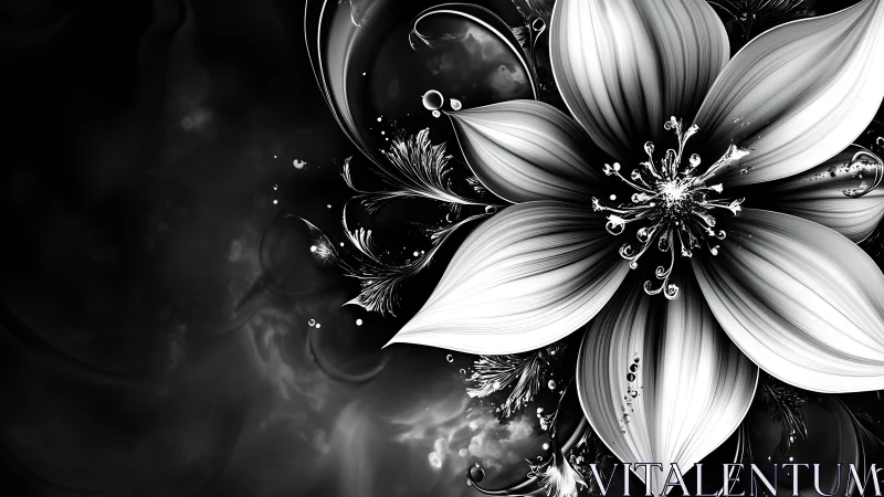 Ethereal Black and White Flower with Ornate Swirling Petals.