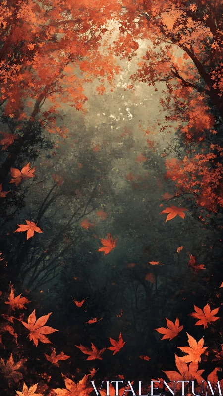 Crimson maple canopy framing misted forest corridor.