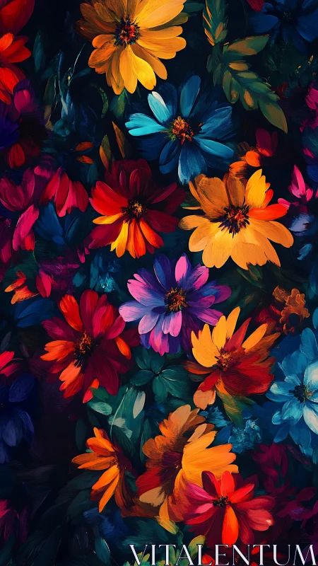 Vibrant Garden Symphony: Radiant Flowers Dance Across Deep Blue