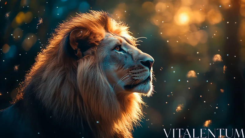 Majestic lion in cinematic backlight and drifting sparks.