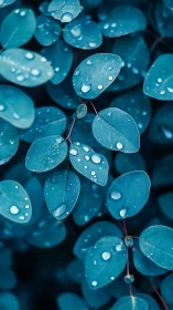 Close-up view of blue-toned leaves with surface water droplets.