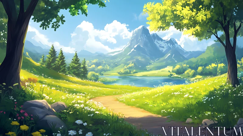Sunlit mountain meadow with a peaceful lakeside path.