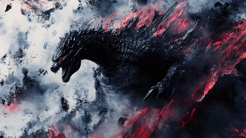 Monstrous kaiju silhouette in explosive crimson smoke.
