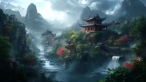 Digital painting of tiered mountain temple amid cascading waterfalls.