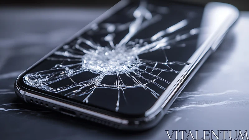 High-contrast macro study of a smartphone with shattered glass
