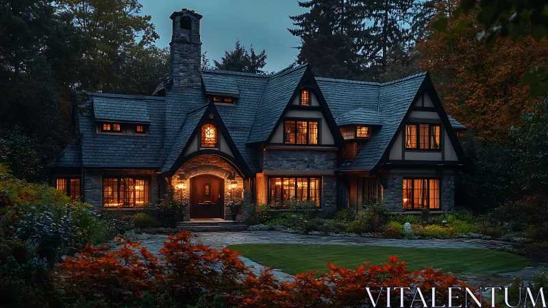 Storybook cottage glows warmly in a tranquil twilight garden