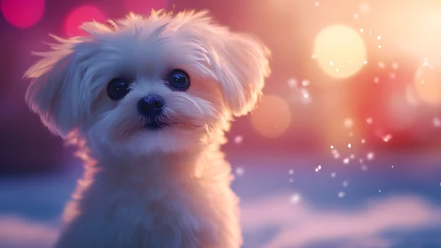 Soft white puppy glows against dreamy pastel bokeh lights