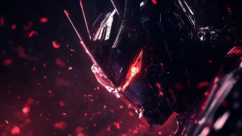 Cybernetic war machine glows with fractured red core