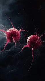 Cancer cells float in dark space, evoking clinical tension