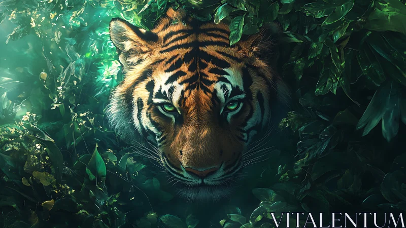 Tiger eyes pierce emerald jungle shadowed foliage