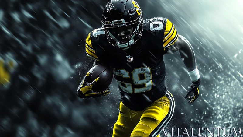Rain-soaked football running back charging through storm.