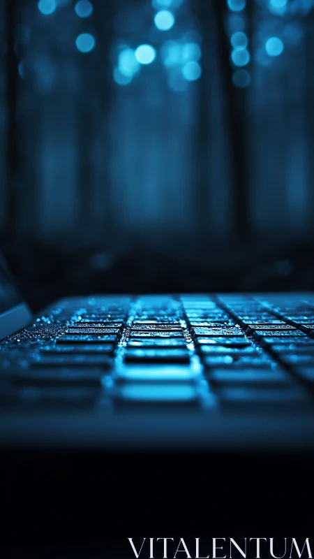Wet laptop keyboard in dark blue bokeh forest scene.