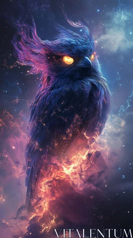 Cosmic owl rises through nebula flames and starlit void.