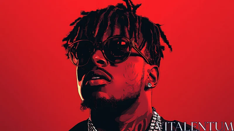 Bold red vector portrait of sunglasses-wearing musician.