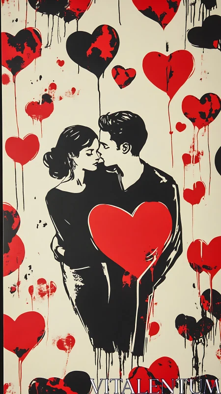 Romantic Couple Embracing with Red Heart Motifs in Graphic Street Art.