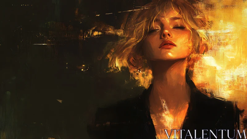 Luminous portrait of serene woman in golden brushstrokes.