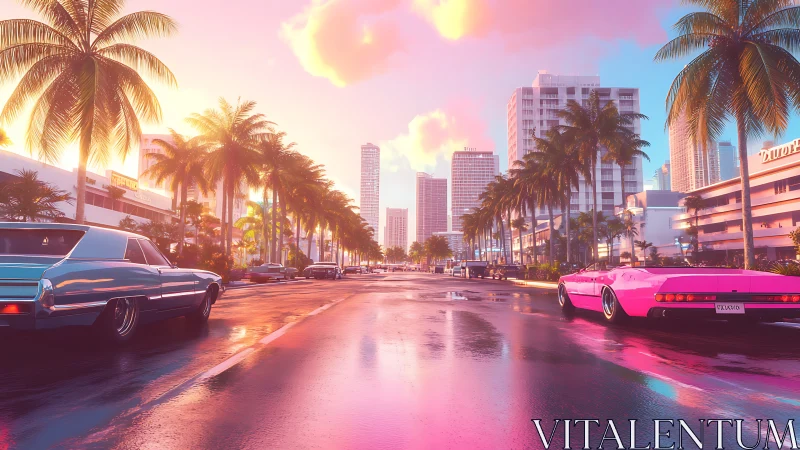 Chromatic neon boulevard with retro supercars at sunset.