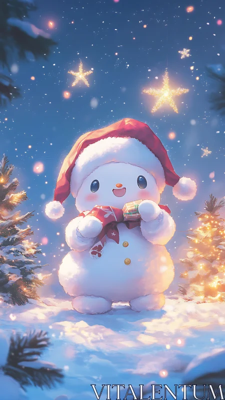 Snowman in Santa hat holds gift in glowing snowy forest