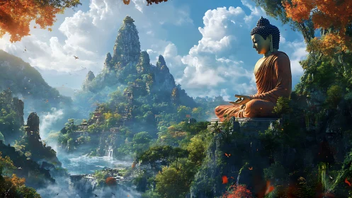 Large seated Buddha statue above misty valley landscape.