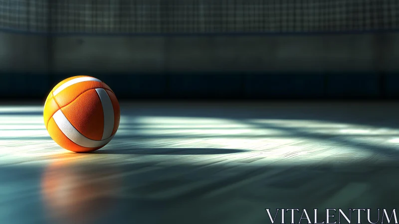 Sunlit volleyball rests quietly on empty indoor court.