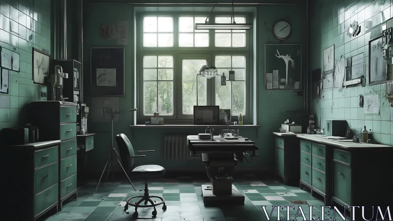 Old tiled medical examination room with worn equipment.