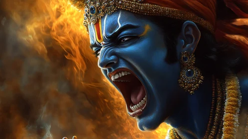 Blue-skinned divine figure in profile amid controlled flames.