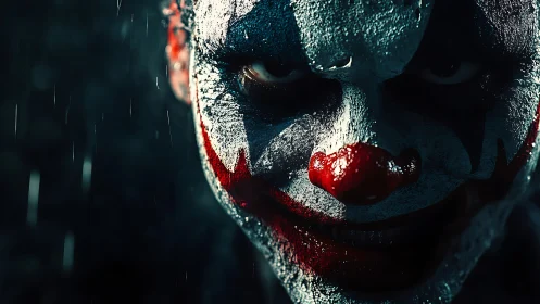 Clown face close-up under rain with dramatic low-key lighting