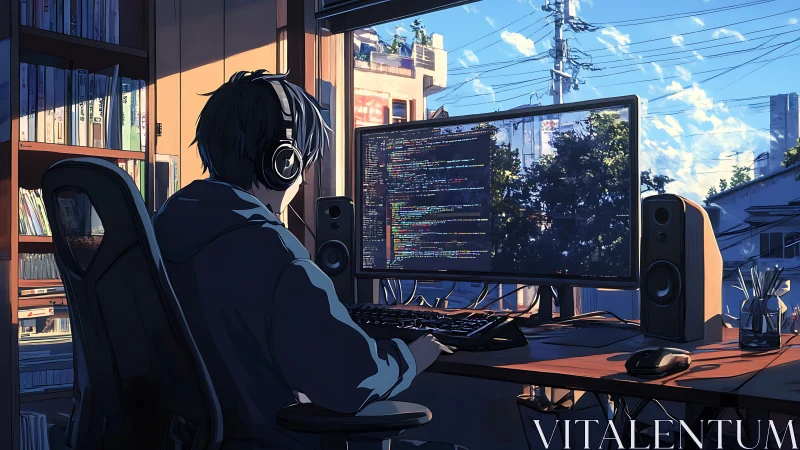 Anime workstation coder at panoramic desktop in sunset light.