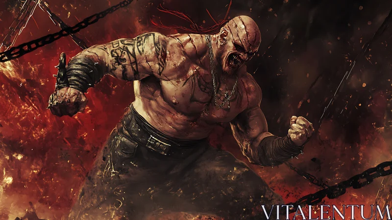 Fierce chained warrior roaring from a storm of embers.