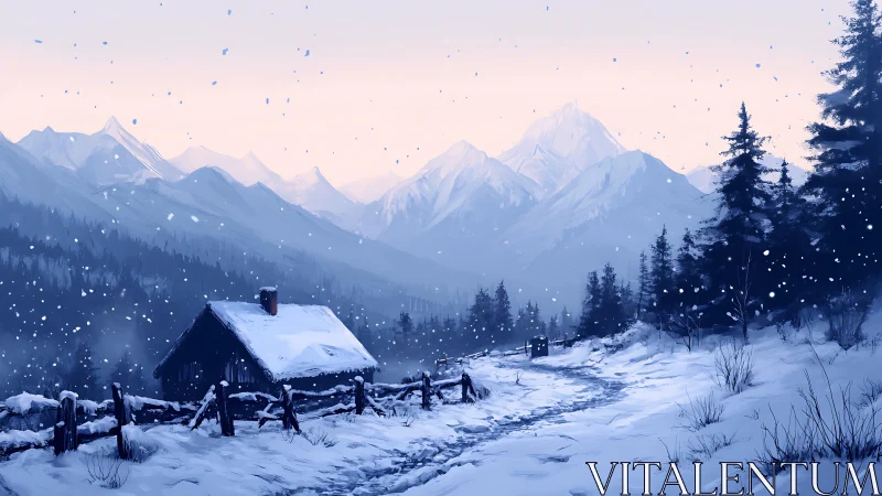 Snow-dusted silence cradles a lonely cabin beneath pastel peaks