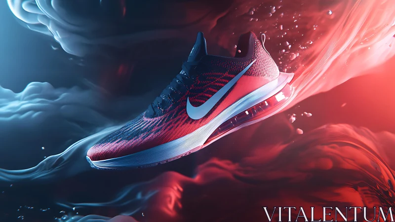 Red and blue athletic sneaker in dynamic fluid scene.