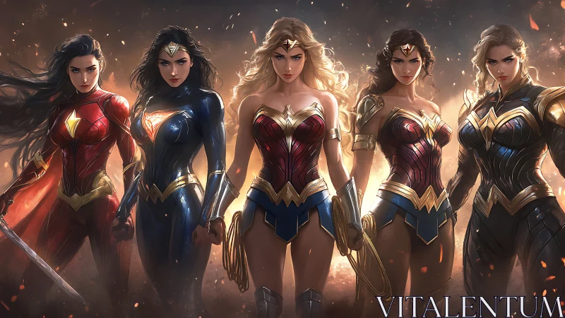 Five Powerful Female Superheroes in Epic Fantasy Style Lineup.