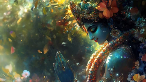 Divine blue figure in jeweled garlands under radiant foliage.