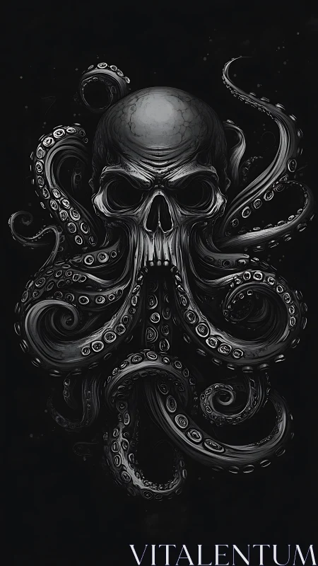 Skull merged with swirling octopus tentacles in black tones.