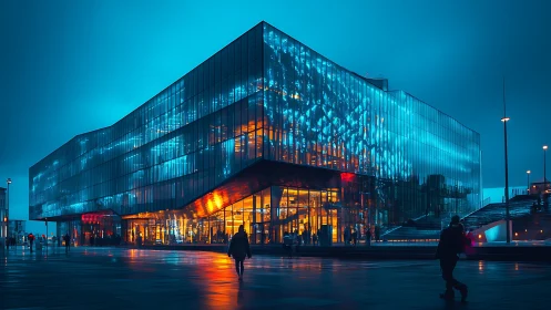 Glass concert hall glowing with blue and amber night light.