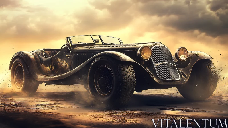 Dust-kissed vintage roadster muscles through molten sunset grit